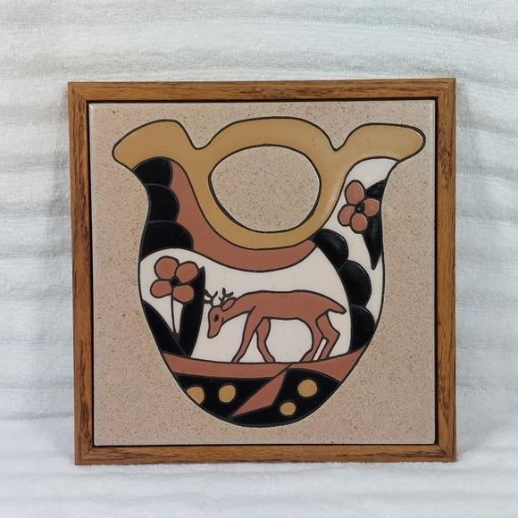 Mag Mor Art Tile Trivet Southwestern Aztec Wedding Vase Deer Flower Hot Plate - Picture 1 of 7